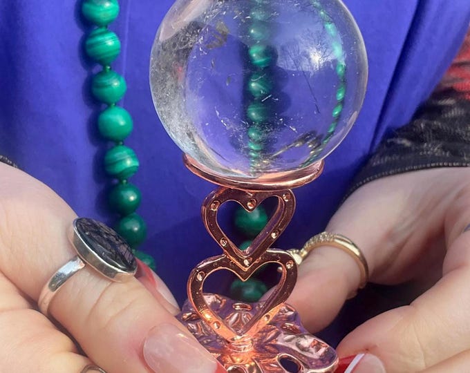 Clear Quartz Crystal Ball ~ 4 oz. Sphere ~ 1 1/2" Wide ~ Sparkling Rainbow Inclusions w/ Copper Heart Display Stand ~ Fast & Free Shipping