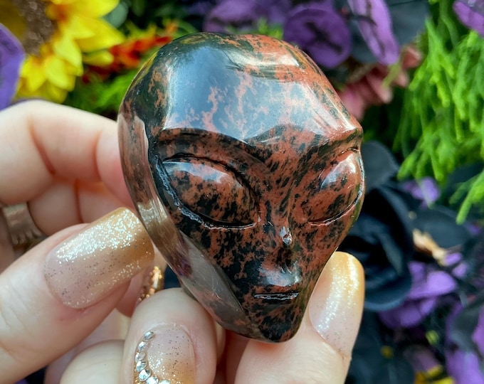 Mahogany Obsidian Mini Alien Skull 5 oz. ~ 2" Tall ~ Swirling Red Brown Black Colors ~ Hand Carved Crystal Sculpture ~ Fast Shipping