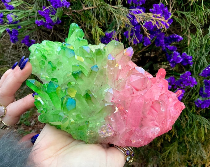 Aura Quartz Crystal Cluster ~ 2 Lb. 10 oz. ~ 7 1/2" Long ~ Sparkling Electric Pink Rainbow Iridescent & Green Points ~ Fast Free Shipping