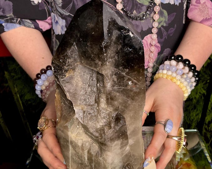 Black Morion Quartz Display Crystal 7 Lb.  Single-Terminated Point Cluster ~ 9" Tall ~Natural Black Color ~ Custom Hand Carved Stand