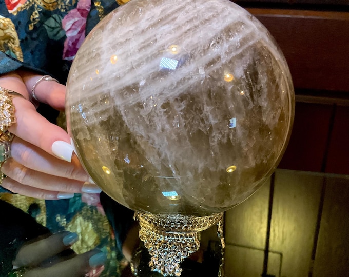 Citrine Quartz Crystal Ball 6 Lb. 8 oz. with Silver Stand ~ 5" Wide Polished Sphere with Sparkling Golden Inclusions ~ Altar, Reiki Display