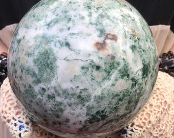 Moss Jasper Crystal Ball ~ Large 3 lb. 15 oz. ~ 4" Wide ~ Polished Sphere ~ White with Green Inclusions ~ Fast & Free Shipping, USA ~