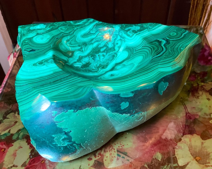 Malachite Crystal Bowl ~ 8 Lb. 7 oz. - 7" Long ~ Vintage Green Mineral Specimen ~ Swirling Bulls Eye Patterns, from Congo, Africa