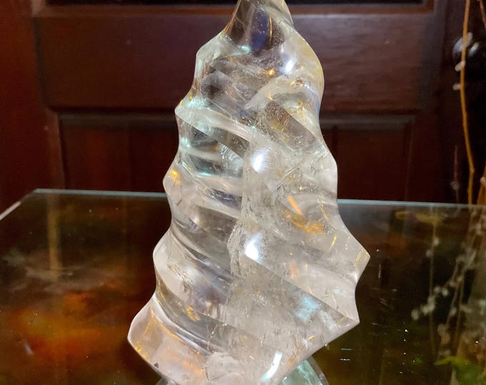 Clear Quartz Crystal Flame ~ Large 1 Lb. 4 oz. ~ 4 1/2" Tall ~ Spiraling Tower Stunning Centerpiece or Altar Display ~ Free Standing