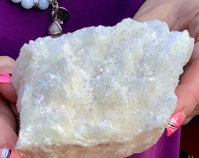 CLEARANCE! ~ White Aura Quartz Crystal Cluster ~ Large 12 oz. ~ 4" Long ~ Electric Pearlescent Rainbow Iridescent Sparkling Points