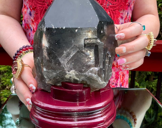 Black Morion Quartz Display Crystal 5 Lb. 8 oz.  Single-Terminated Point Cluster ~ 6" Tall ~Natural Black Color ~ Custom Hand Carved Stand