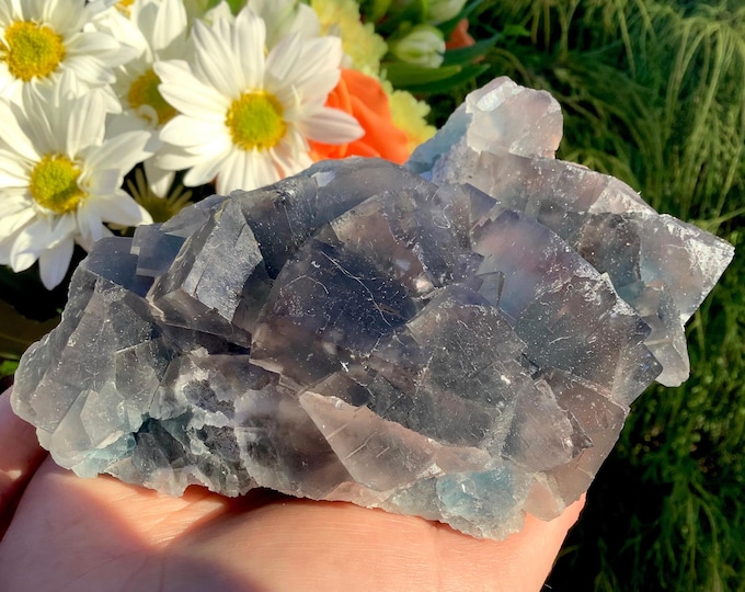 Blue Fluorite Crystal Cluster ~ Large 1 lb. 3 oz. ~ 5" Long ~ Ocean Blue & Clear Translucent Crystal Color ~ Geometric Cubic Formation