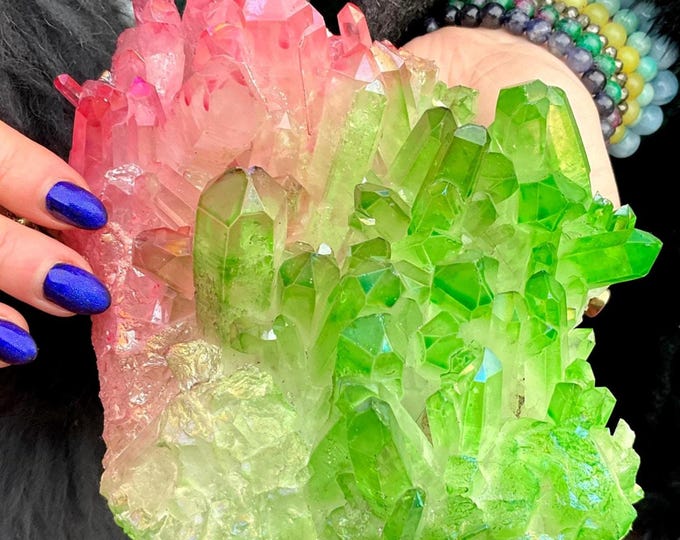 Pink and Green Aura Quartz Crystal Cluster ~ 2 Lb. 10 oz. ~ 7 1/2" Long ~ Heart Chakra Reiki Healing Altar Display ~ Metaphysical Home Decor