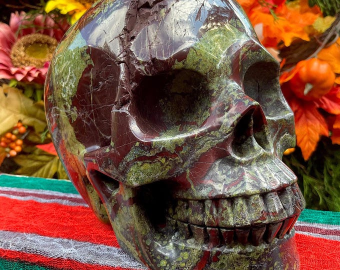 Dragon Bloodstone Crystal Skull ~ Life Size 8 Lb. 9 oz.~ 6" Long ~ Red and Green Colors ~ Beautiful Hand-Carved Sculpture, Ships From U.S.A