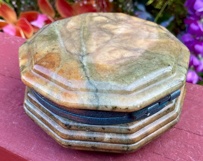 Rainforest Jasper Jewelry Box w/ Lid ~ 3 1/2" Long ~ Handmade ~ Vintage Antique Octagon Display ~ Swirling Green with Gold Colors