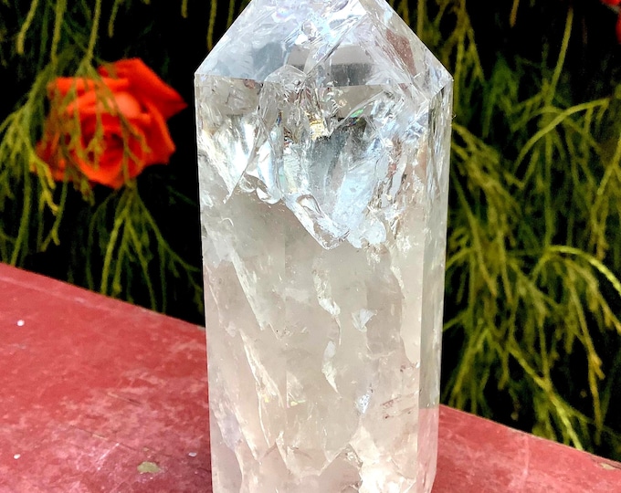 Fire and Ice Clear Quartz BRAZILIAN Crystal Generator ~ 10 oz. ~ 4" Tall ~ Rainbow Inclusions ~ Transparent Beautiful Display