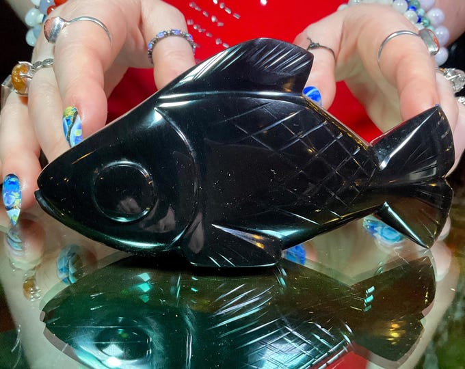 Black Obsidian Fish Carving ~ 9 oz. ~ 5" Long Hand Carved ~ Stunning Museum Quality Polished Specimen ~ Mineral Totem Animal ~ Free Shipping