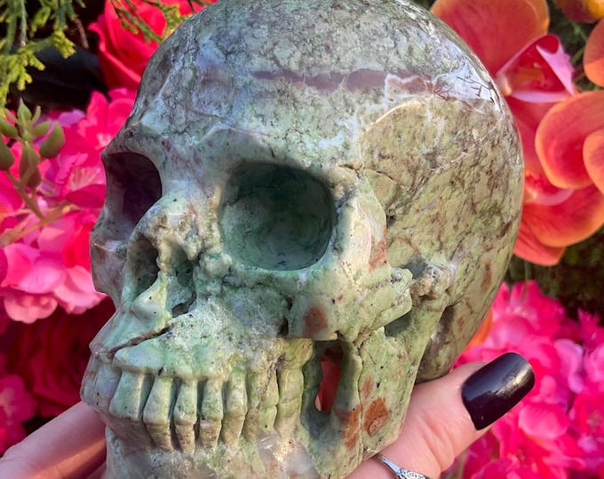 Chrysoprase Crystal Skull ~ Large 2 Lb. 9 oz. ~ 5" Long ~ Glowing Green & Golden Brown ~ One-of-a-Kind Hand Carved ~ Fast Free Shipping USA