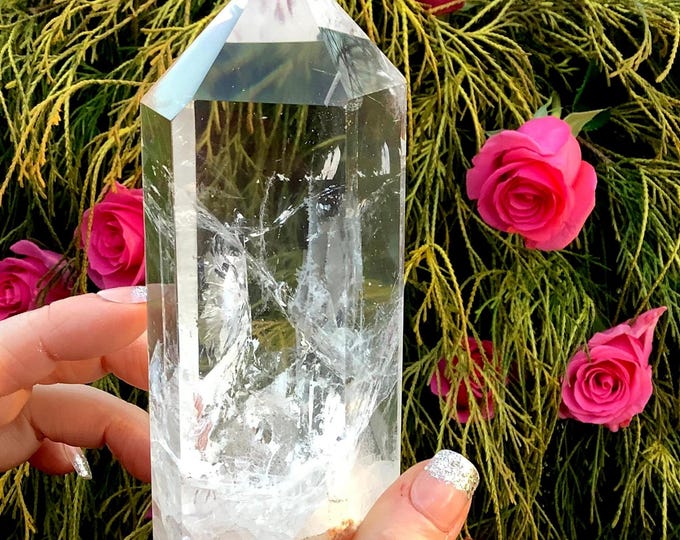 Ultra Clear Quartz Crystal Wand ~ Large 1 lb. 3 oz ~ 6" Tall Point ~ Sparkling Rainbow Inclusions ~ White Phantoms ~ High Altitude Himalayan