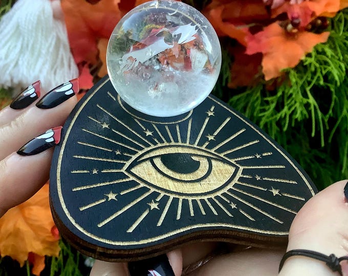 Ultra Clear Quartz Crystal Ball w/ Ouija Planchette Display Stand ~ 3 oz. ~ 1 1/2" Wide ~ Rainbows ~ Reiki, Altar, Crystal Gazing, Scrying
