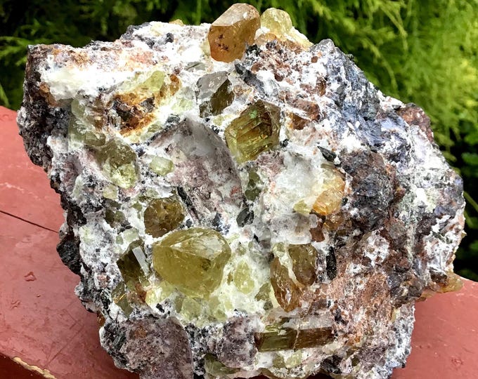 Yellow Apatite Crystal Cluster ~ Large 2 Lb. 9 oz. ~ 4" Long ~ Sparkling Yellow Golden Crystals ~ Feldspar Garnet Matrix