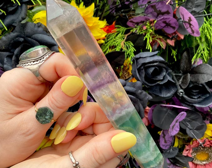 Rainbow Fluorite Double Terminated Wand ~ Large 4.6 oz. ~ 6 1/2" Long ~ Clear, Green, Purple ~ Fast & Free Shipping, USA + Global Shipping
