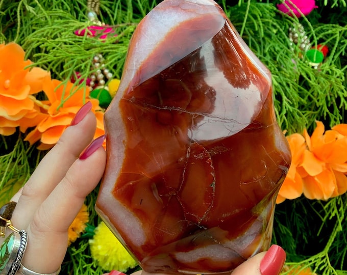 Carnelian Crystal Flame ~ Large 1 Lb. 11 oz. ~ 5 1/2" Tall ~ Fiery Orange Red Agate Spiraling Tower ~ Free Standing ~ Fast Shipping from USA
