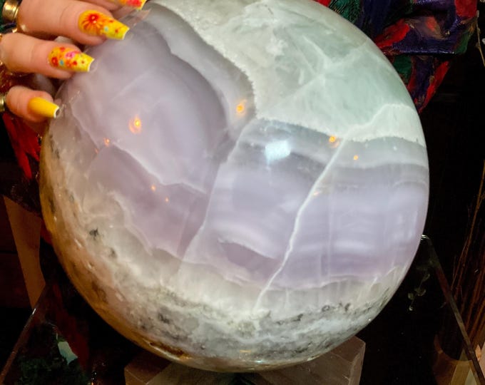 Rainbow Fluorite Crystal Ball with Handmade Wooden Display stand ~ Large 26 Lb. ~ 8" Wide ~ Transparent Purple and Green Beautiful Colors