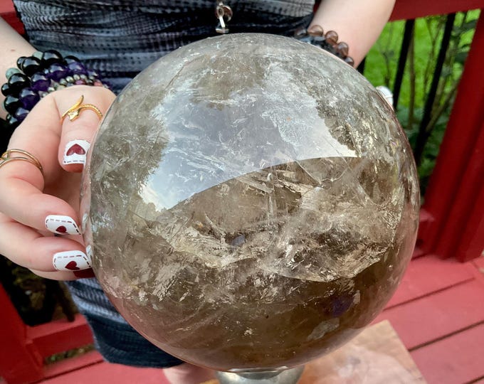 Smokey Quartz Crystal Ball ~ Large 11 Lb. ~ 6" Wide ~ Sparkling Transparent w/ Golden Healer & Rainbow Inclusions ~ Metaphysical Home Decor