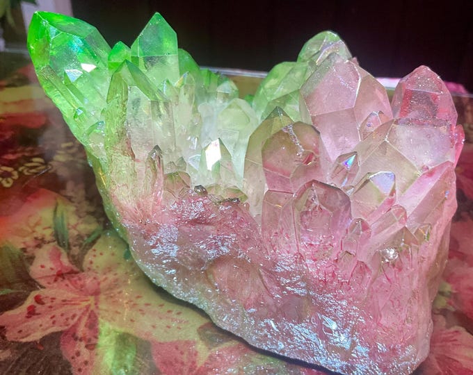 Pink & Green Aura Quartz Crystal Cluster ~ Large 1 Lb. 10 oz. ~ 5" Long ~ Electric Rainbow Iridescent Sparkling Points ~ Fast, Free Shipping