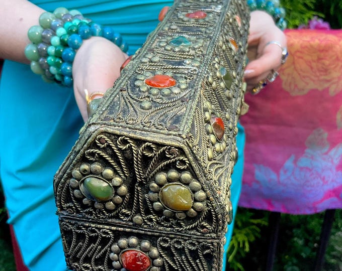 Vintage Agate Inlaid Moroccan Jewelry Box ~ Moorish Dome Top w/ Semi Precious Stones ~ 12" Long Handmade in Morocco