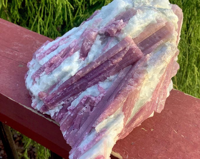 Pink Tourmaline on Quartz Crystal Large 2 Lb. 12 oz. Cluster~ 5" Long ~ Colorful Pink Rubellite Bands on Quartz Matrix ~ Free Shipping