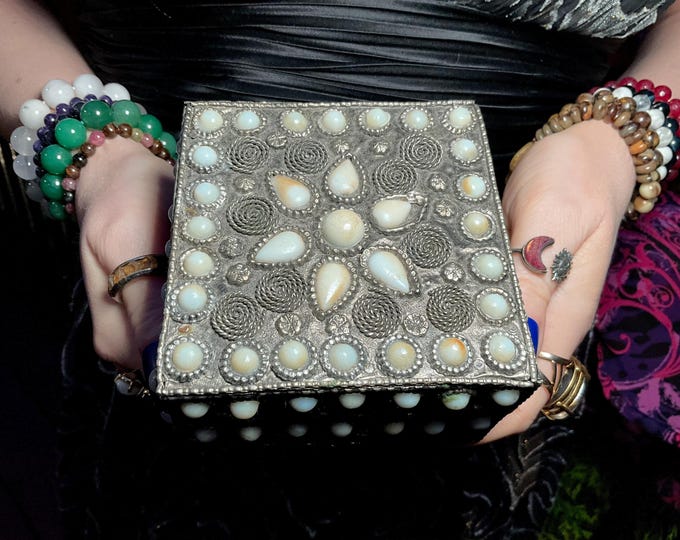 Vintage Agate Inlaid Moroccan Jewelry Box ~ Moorish with White Semi Precious Stones ~ 4" Square ~ Handmade in Morocco ~ Fast & Free Shipping