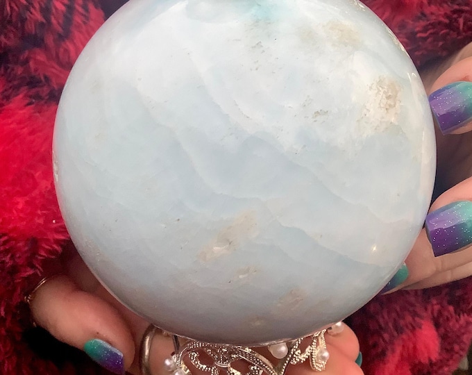 Caribbean Blue Calcite Crystal Ball ~ Large 2 lb. 9 oz. Sphere ~ 4" Wide w/ Ball Stand ~ Sparkling Blue & White Colors~ Fast Free Shipping