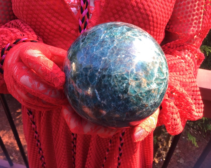 Blue Apatite Crystal Ball ~ Large 4 Lb. 15 oz. Polished Sphere ~ 4 1/2" Wide ~ Beautiful Altar Reiki Display ~ Fast & Free Shipping