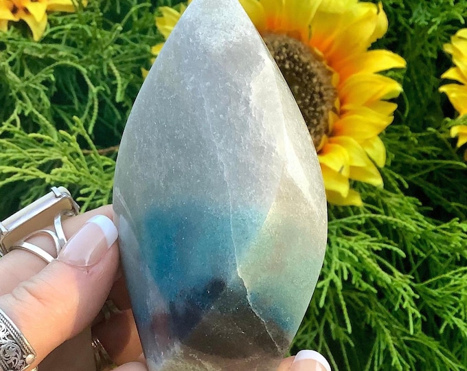 Trolleite Crystal Flame ~ 10 oz. ~ 4" Tall ~ Scorzalite, Lazulite, Quartz ~ Swirling Blue & Sand Colors ~ Fast Free Shipping