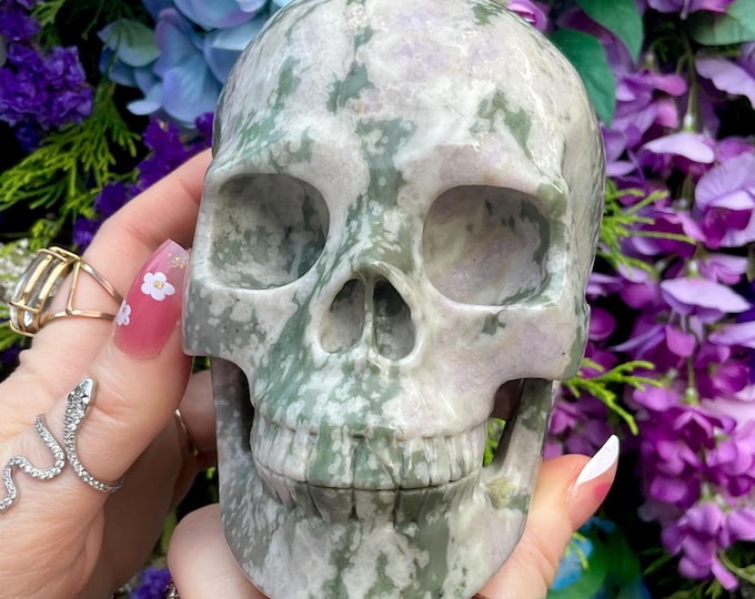 Green Jasper Crystal Skull ~ Large 3 Lb. ~ 5" Long ~ Green and White Swirling Colors ~ Hand Carved Life Size Sculpture