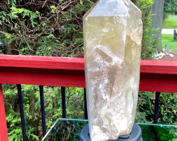 Clear Citrine Quartz Crystal Point ~ 8 Lb.  4 oz. ~ 10" Tall~ Sparkling Yellow with Golden Rainbow Inclusions ~ Custom Hand Carved Stand