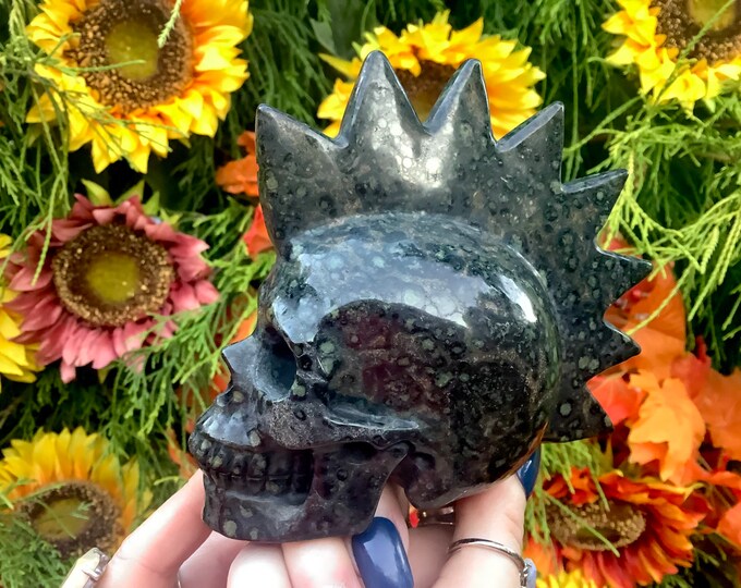 Kambaba Jasper Punk Rock Crystal Skull ~ 1 Lb. 7 oz. ~ 5" Long ~ Colorful Green & Black Swirling Patterns Throughout ~ Hand-Carved Sculpture