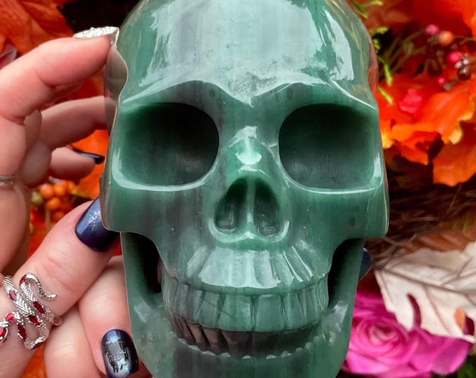 Green Aventurine Crystal Skull ~ Large 2 Lb. 14 oz. ~ 5" Long ~ Swirling Colors ~ One of-a Kind Hand Carved Sculpture ~ Fast Shipping U.S.A.