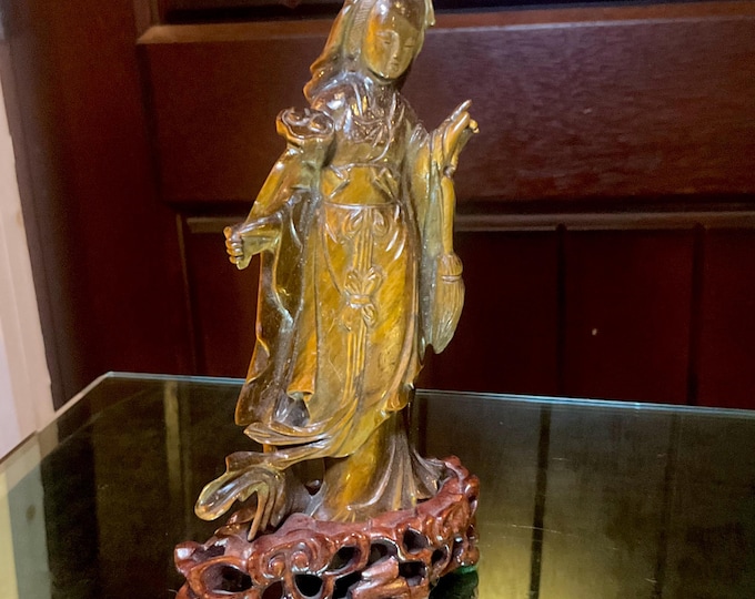Tigers Eye Quan Yin Crystal ~ 6" Tall ~ Vintage Hand Carved Sculpture from South Africa ~ Sparkling Red Gold & Black Colors