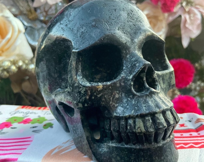 Black Tourmaline Red Garnet Crystal Skull ~ Large 3 Lb. 9 oz. ~ 5" Long ~ Swirling Colorful Red & Black Inclusions ~ Expertly Hand Carved