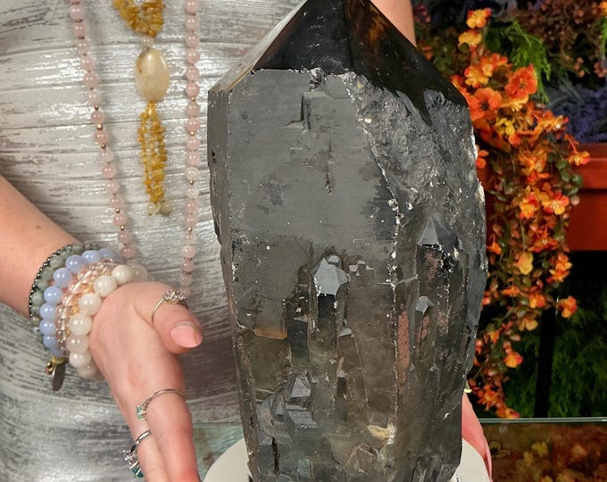 Black Morion Quartz Display Crystal 9 Lb. 7 oz.  Single-Terminated Point Cluster ~ 9" Tall ~Natural Black Color ~ Custom Hand Carved Stand