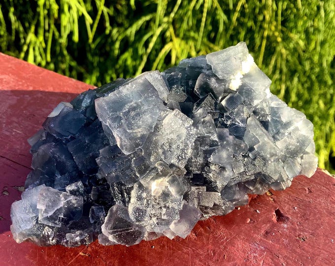 Blue Cubic Fluorite Crystal Cluster ~ 7 oz. ~ 3 1/2" Long ~ Rare Indigo Color, Sparkling Gray Matrix ~ Third Eye Chakra Reiki Altar Display