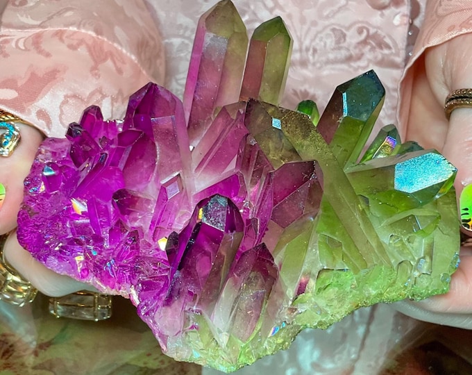 Purple & Green Aura Quartz Crystal Cluster ~ Large 12 oz. ~ 5" Long ~ Rainbow Iridescent Electric Points ~ Fast Free Shipping, USA