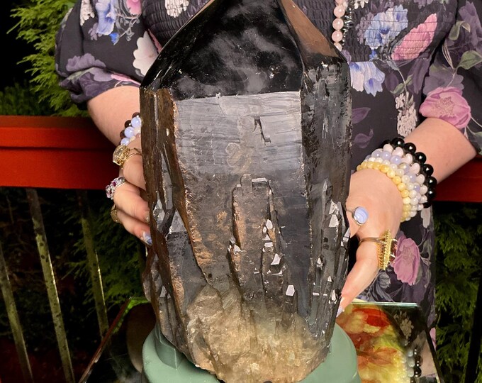 Black Morion Quartz Display Crystal 18 Lb. 10 oz.  Single-Terminated Point Cluster ~ 11" Tall ~Natural Black Color~ Custom Hand Carved Stand