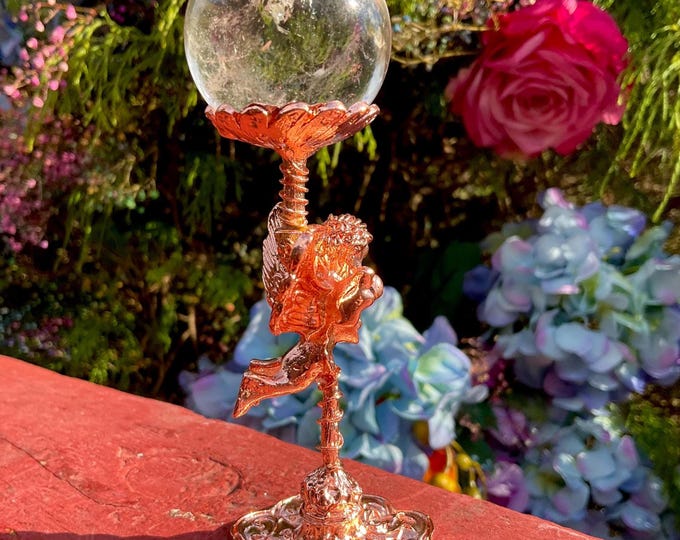 Clear Quartz Crystal Ball ~ 3 oz. Polished Sphere ~ 1" Wide ~ Cherub Display Stand ~ Reiki, Altar, Feng Shui, Meditation ~ Free Shipping ~