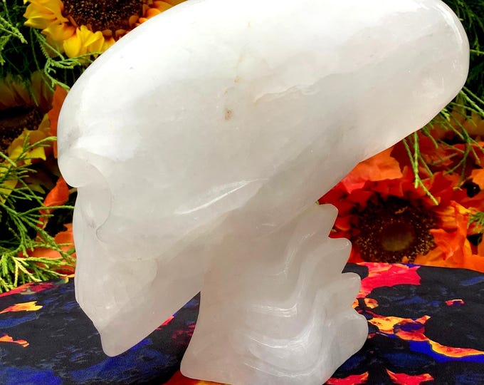 Snow Quartz Crystal Alien Skull ~ Large 4 Lb. 8 oz. ~ 7" Long ~ High Quality Hand Carved ~ Translucent Sparkling Rainbow Inclusions