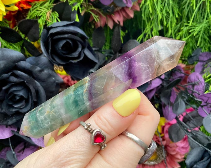 Rainbow Fluorite Double Terminated Wand ~ Large 3.2 oz. ~ 5" Long ~ Clear, Green, Purple ~ Fast & Free Shipping, USA + Global Shipping