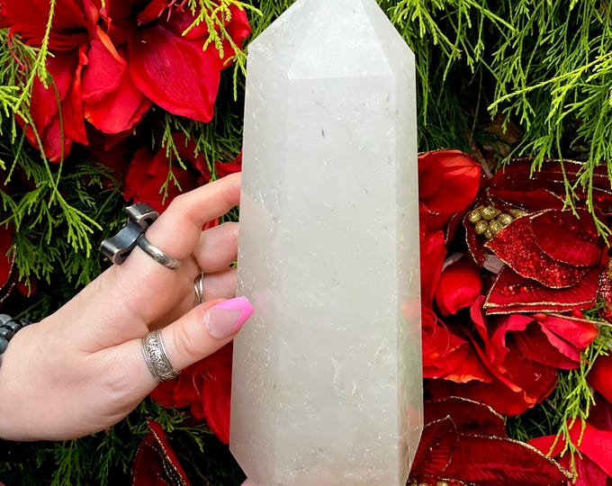 Large Snow Quartz Crystal Tower: 9" Reiki Altar Display with Sparkling Inclusions