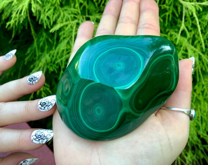 Malachite Freeform Crystal ~ Large 12.8 oz. ~ 3" Long ~ Swirling Bullseye Patterns, Beautiful Polished Green Mineral Specimen, Fast Shipping