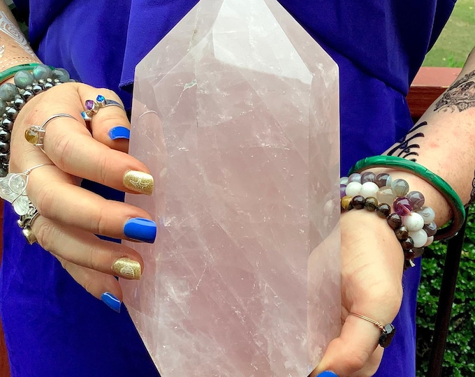 CLEARANCE! ~ Rose Quartz Crystal Generator ~ 5 Lb. 15 oz. ~ 8" Tall ~ Swirling Pink & White Colors ~ Altar, Reiki, Feng Shui, Décor,