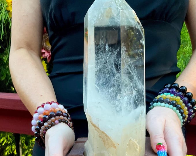 Himalayan Clear Quartz Crystal Generator ~ 4 Lb. 11 oz. ~ 10" Tall ~ with Custom-Made Wooden Display Stand ~ MUSEUM QUALITY Display