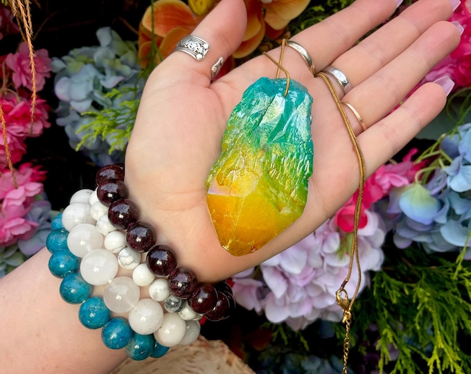 Aura Quartz Pendant Necklace ~ Large 3" Long ~ One-of-a-Kind Natural Crystal ~ Sparkling Aqua Blue & Yellow Elestial Quartz ~ Fast Shipping