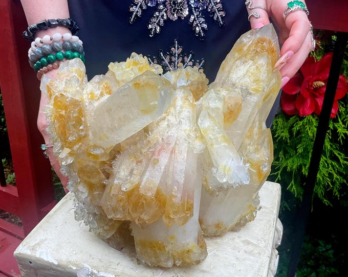 Yellow Aura Phantom Quartz Crystal Cluster ~ Large 17 Lb. ~ 9" Long ~ Stunning Bright Yellow Aura Inclusions ~ Fast & Free Shipping, U.S.A ~